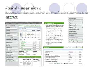 ตัวอยางโทนของการสื่อสาร
เปนเว็บไซตขอมูลเกี่ยวกับหุน จะเนนความเรียบงายไมมีสีสันใดๆ มากนัก เนนขอมูลเนื้อหามากกวา สรางความนาเชื่อถือและประโยชน
 