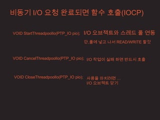 비동기 I/O 요청 완료되면 함수 호출(IOCP)

VOID StartThreadpoolIo(PTP_IO pio);   I/O 오브젝트와 스레드 풀 연동
                                      단,풀에 넣고 나서 READ/WRITE 할것



VOID CancelThreadpoolIo(PTP_IO pio); I/O 작업이 실패 하면 반드시 호출



VOID CloseThreadpoolIo(PTP_IO pio); 사용을 마치려면 …
                                    I/O 오브젝트 닫기
 