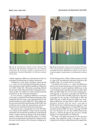 RIEDY, LANG, AND LANG                                                          THE JOURNAL OF PROSTHETIC DENTISTRY




Fig. 13. A, Prosthodontic interface (arrow) between AB5         Fig. 14. A, Prosthodontic interface (arrow) between AB5 (abut-
(abutment) and framework component for cast one-piece           ment) and framework component for machined titanium la-
framework. B, C o m p u t e r graphic representation of         ser-welded framework. B, Reference spheres can be seen in
prosthodontic interface illustrated in A; reference spheres     computer graphic representation of prosthodontic interface
can be seen.                                                    of A.


whether significant differences existed between the two         the flat bearing surface. Either of these reasons can result
techniques for fabricating an implant framework.                in a gap at the centroid point and other locations at the
   Comparisons o f the mean coordinate values for the           interface (Figs. 13, A and B, and 14, A and B).
x-, y-, and z-axes for both framework groups to the pa-            Calculation o f the mean x-, y-, and z-axis differences
tient simulation model exhibited significant differences        between the framework groups and the patient simula-
(p < 0.05) (Table III). Obviously, something affected           tion abutments revealed significant differences in the
the precision o f fit o f the frameworks to the patient simu-   z-axis for framework to abutment interfaces at AB 1, AB 3,
lation model. The differences observed demonstrated             AB4, and AB5 (Table IV). For the laser-welded frame-
an influence by the techniques themselves.                      works (group 1), the mean z-axis gaps were 0.018 m m
   In every instance, a significant difference was found        and 0.021 mm for AB 1 and AB5, respectively. The mean
in the mean z-axis data for both framework groups, when         z-axis gaps for the one-piece frameworks at AB1 was
compared with the mean z-axis measurements for the              0.027 mm and, at AB5, the gap was 0.035 mm. A sig-
patient simulation model (Table III). These differences         nificant difference was also found at AB3 or the center
are more precisely determined because o f the 0.001 m m         a b u t m e n t l o c a t i o n w i t h the m e a n z-axis gap o f
resolution used[ to make the measurements and are in-           0.018 mm for laser-welded frameworks (group 1), and
fluenced by the: framework fabrication techniques.              the one-piece castings (group 2) being 0.026 mm. For
   The presence: o f a z-axis gap does not mean that there      abutment position AB4, the mean z-axis gap o f 0.019
is no contact at this interface. Contact may be occurring       m m was measured for the laser-welded frameworks
somewhere else around the circumference o f the bearing         (group 1), whereas the gap for the one-piece castings
surface. Contact may be occurring on the facial, lingual,       (group 2) was determined to be 0.026 mm.
mesial, or dista][ areas o f the bearing surface, or contact       The mean z-axis gaps were greater for the one-piece
may be occurring between the framework component and            castings. The magnitude o f the z-axis gap at the cen-
the inner vertical inclines o f the abutment, leading up to     troid points for the laser-welded frameworks ranged from

DECEMBER 1997                                                                                                                 603
 