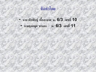 จัดทาโดย
• นายวชิรพันธุ์ เชื้อสะอาด ม. 6/3 เลขที่ 10
 • นายศุภกฤต ทาแกง ม. 6/3 เลขที่ 11
 