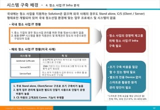시스템 구축 배경 -                                  4. 청소 사업 IT Infra 분석

 국내에는 청소 사업을 지원하는 Solution은 없으며 외국 사례의 경우도 Stand alone, C/S (Client / Server)
 형태로만 개발되어 있어 국내 청소산업 환경에 맞는 업무 프로세스 및 시스템이 없음

       국내 청소 사업 IT 현황

        1. 중소 기업의 경우 청소사업 관리를 위한 전용 정보시스템이 없음
        2. 범용 ERP 시스템을 통한 직원관리 및 회계관리 정도의 수준으로만                      - 청소 사업의 경쟁력 제고를
           구성되어 있음
                                                                      위해 청소 사업 IT Infra
                                                                      구축 필요
       해외 청소 사업 IT 현황(미국 사례)




                                                                     - 초기 구축 비용을 절감
                                                                      할 수 있는 형태 필요
                                                                     - 별도의 전용 Device 없이
                                                                      스마트폰 활용한 원격
         1. 주로 Stand alone, Client/Server 구조로 초기 구축비가 높음
                                                                      관리 방안이 필요
         2. 원격 업무 관리에 필요한 별도의 단말기 사용으로 단말기 운영
           비용이 높음
                                                                     *스마트폰 전체 보급율 예상 (2012년 말)
         3. CS 차원의 고객과의 Comm. 기능이 부재함
                                                                     : 전체 79%, 30대 인구 87%, 50~60대 68%



Copyright ⓒ Happy ICT Foundation. All rights reserved.                                                  10
 