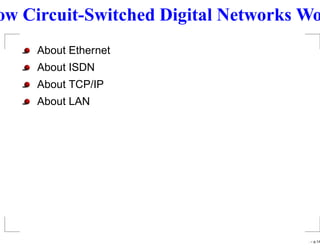 ow Circuit-Switched Digital Networks Wo
    About Ethernet
    About ISDN
    About TCP/IP
    About LAN




                                     . – p.1/6
 