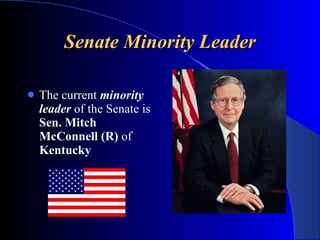 Senate Minority Leader <ul><li>The current  minority leader  of the Senate is  Sen. Mitch McConnell (R)  of  Kentucky </li...