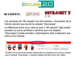 MI CARPETA 
Las opciones de “Mi carpeta” son las mismas, y funcionan de la 
misma manera que las de la carpeta “Descargas”. 
La diferencia entre una y otra es que a “Mi carpeta” sólo puedo 
acceder yo (como profesor) mientras que a la carpeta 
“Descargas” puede acceder y descargarse todo cualquiera que 
entre en la intranet. 
Nombre del profesor 
También es conveniente tenerla organizada en carpetas de la misma manera 
que la carpeta “Descargas” y nuestra carpeta del disco duro del Tablet. 
 