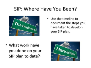 SIP: Where Have You Been?
                      • Use the timeline to
                        document the steps you
                        have taken to develop
                        your SIP plan.


• What work have
  you done on your
  SIP plan to date?
 