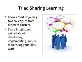 Triad Sharing Learning
• Form a triad by joining
  two colleagues from
  different clusters.
• Share insights you
  gained about
  developing,
  implementing, and/or
  monitoring your SIP’s
  work.
 