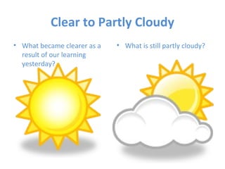 Clear to Partly Cloudy
• What became clearer as a   • What is still partly cloudy?
  result of our learning
  yesterday?
 