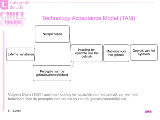 11/12/2018 59/8
Technology Acceptance Model (TAM)
Volgens Davis (1986) wordt de houding ten opzichte van het gebruik van e...