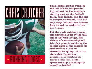 Louie Banks has the world by
the tail. It's his last year in
high school; he has wheels, a
starting spot on the football
team, good friends, and the girl
of everyone's dreams. If he can
stay away from Boomer Cowans
long enough to graduate, he's
got it made.
But the world suddenly turns
and snatches Louie by the tail,
and it just won't let go. His
visions of sportsmanship and
fair play go up in smoke by the
second game of the season; his
expectations of life are
shattered by spring. This is a
story about honor and
principles, in which Louie
learns about love, death,
sportsmanship, and integrity
as well as football.
 
