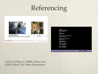 Referencing




Lord, P & Park, N. (2000) Chicken Run.
[VHS Video]. UK: Pathe Distribution
 