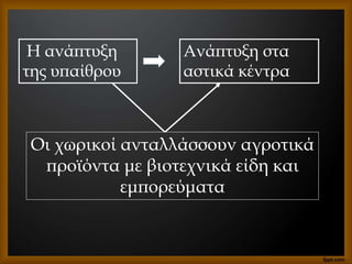 Η ανάπτυξη
της υπαίθρου
Ανάπτυξη στα
αστικά κέντρα
Οι χωρικοί ανταλλάσσουν αγροτικά
προϊόντα με βιοτεχνικά είδη και
εμπορεύματα
 