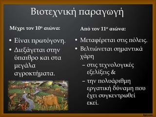 Βιοτεχνική παραγωγή
Μέχρι τον 10ο αιώνα:
• Είναι πρωτόγονη.
• Διεξάγεται στην
ύπαιθρο και στα
μεγάλα
αγροκτήματα.
Από τον 11ο αιώνα:
• Μεταφέρεται στις πόλεις.
• Βελτιώνεται σημαντικά
χάρη
– στις τεχνολογικές
εξελίξεις &
– την πολυάριθμη
εργατική δύναμη που
έχει συγκεντρωθεί
εκεί.
 