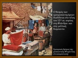 Ο θεσμός των
εμποροπανηγύρεων
διαδίδεται στο τέλος
του 12ου αι. κυρίως
στη Φλάνδρα και
στη γαλλική
Καμπανία.
Εμπορικός δρόμος της
μεσαιωνικής Φλωρεντίας
(Αναπαράσταση)
 