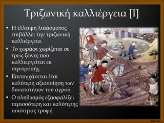 Τριζωνική καλλιέργεια [I]
• Η έλλειψη λιπάσματος
επιβάλλει την τριζωνική
καλλιέργεια.
• Το χωράφι χωρίζεται σε
τρεις ζώνες που
καλλιεργείται εκ
περιτροπής.
• Επιτυγχάνεται έτσι
καλύτερη αξιοποίηση των
δυνατοτήτων του αγρού.
• Ο πληθυσμός εξασφαλίζει
περισσότερη και καλύτερης
ποιότητας τροφή
 