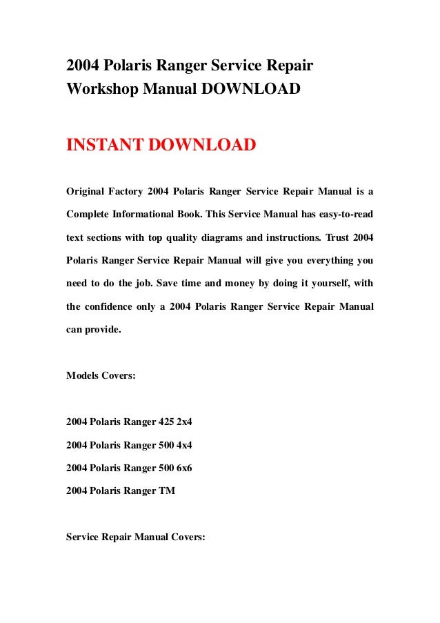 Service Manual for 2004 Polaris Ranger 500 4x4