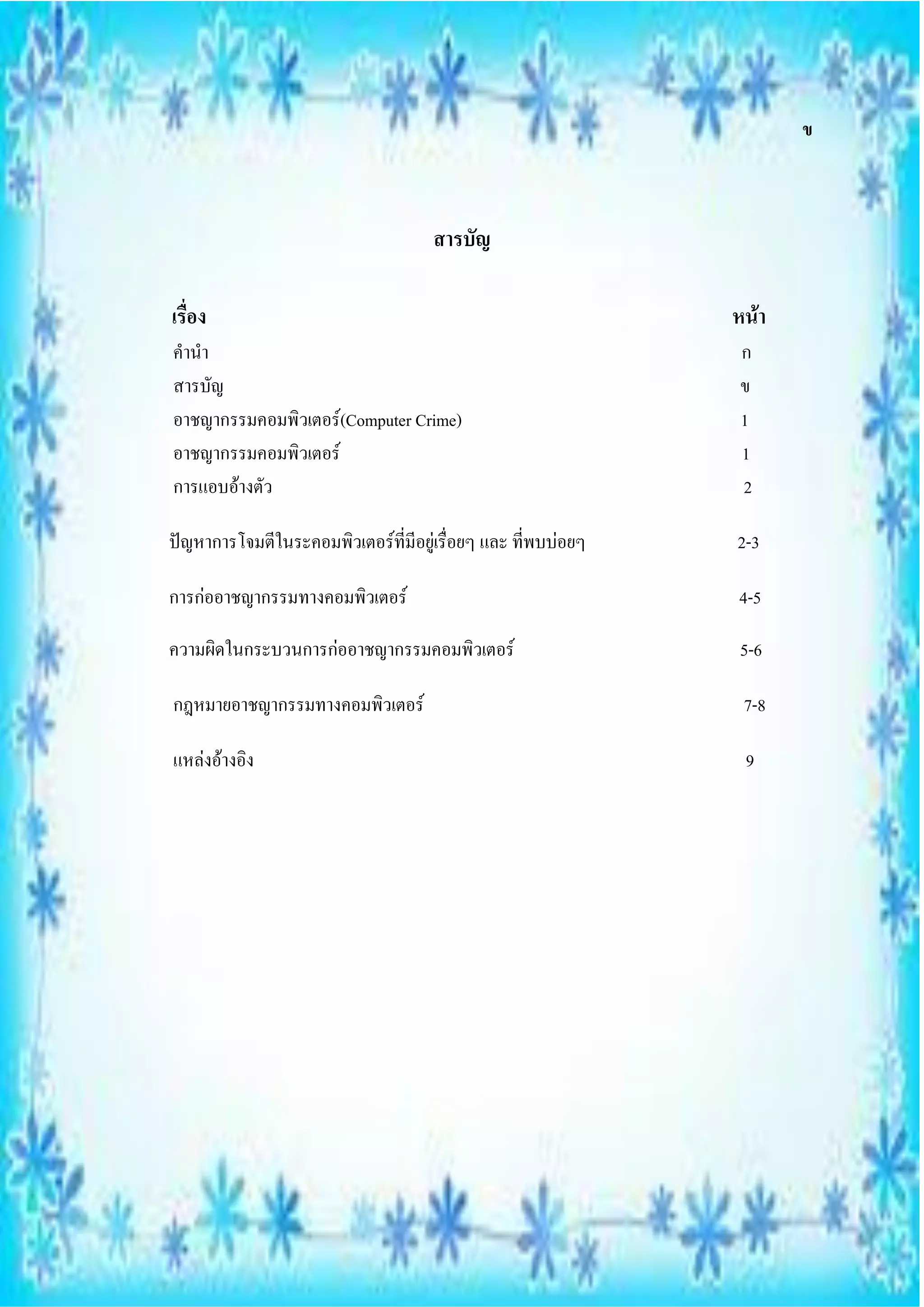 ข



                                     สารบัญ

เรื่อง                                                        หน้า
คานา                                                          ก
สารบัญ                                                        ข
อาชญากรรมคอมพิวเตอร์(Computer Crime)                          1
อาชญากรรมคอมพิวเตอร์                                          1
การแอบอ้างตัว                                                 2

ปัญหาการโจมตีในระคอมพิวเตอร์ที่มีอยู่เรื่อยๆ และ ที่พบบ่อยๆ   2-3

การก่ออาชญากรรมทางคอมพิวเตอร์                                 4-5

ความผิดในกระบวนการก่ออาชญากรรมคอมพิวเตอร์                     5-6

กฎหมายอาชญากรรมทางคอมพิวเตอร์                                  7-8

แหล่งอ้างอิง                                                   9
 