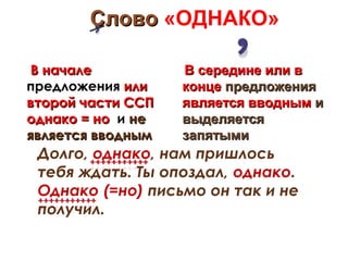Слово «ОДНАКО»

 В начале          В середине или в
предложения или    конце предложения
второй части ССП   является вводным и
однако = но и не   выделяется
является вводным   запятыми
 Долго, однако, нам пришлось
 тебя ждать. Ты опоздал, однако.
 Однако (=но) письмо он так и не
 получил.
 