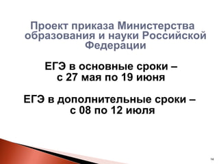 Проект приказа Министерства
образования и науки Российской
          Федерации
   ЕГЭ в основные сроки –
     с 27 мая по 19 июня

ЕГЭ в дополнительные сроки –
        c 08 по 12 июля



                                 14
 