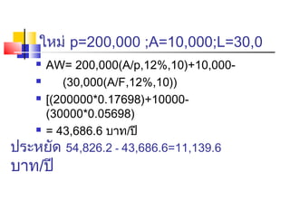 ใหม่ p=200,000 ;A=10,000;L=30,0
    AW= 200,000(A/p,12%,10)+10,000-
       (30,000(A/F,12%,10))
    [(200000*0.17698)+10000-

     (30000*0.05698)
    = 43,686.6 บาท/ปี

ประหยัด 54,826.2 - 43,686.6=11,139.6
บาท/ปี
 