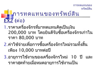 การทดแทนของ
                                            ทรัพย์สน
                                                   ิ

     การทดแทนของทรัพ ย์ส ิน
EX2 (ต่อ )
1. ราคาเครื่องจักรที่มาทดแทนคิดเป็นเงิน
   200,000 บาท โดยยินดีรับซือเครื่องจักรเก่าใน
                               ้
   ราคา 80,000 บาท
2.ค่าใช้จ่ายเพือการซื้อเครื่องจักรใหม่รวมทั้งสิน
               ่                               ้
  เพียง 10,000 บาทต่อปี
3. อายุการใช้งานของเครื่องจักรใหม่ 10 ปี และ
   ราคาสุดท้ายเมื่อหมดอายุการใช้งานเป็น
 