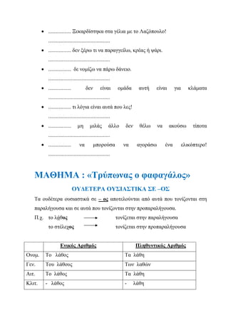  ................. Ξεκαρδίστηκα στα γέλια με το Λαζόπουλο!
..............................................
 ................. δεν ξέρω τι να παραγγείλω, κρέας ή ψάρι.
..............................................
 ................. δε νομίζω να πάρω δάνειο.
..............................................
 ................. δεν είναι ομάδα αυτή είναι για κλάματα
..............................................
 ................. τι λόγια είναι αυτά που λες!
..............................................
 ................. μη μιλάς άλλο δεν θέλω να ακούσω τίποτα
..............................................
 ................. να μπορούσα να αγοράσω ένα ελικόπτερο!
..............................................
ΜΑΘΗΜΑ : «Τρύπωνας ο φαφαγάλος»
ΟΥΔΕΤΕΡΑ ΟΥΣΙΑΣΤΙΚΑ ΣΕ –ΟΣ
Τα ουδέτερα ουσιαστικά σε – ος αποτελούνται από αυτά που τονίζονται στη
παραλήγουσα και σε αυτά που τονίζονται στην προπαραλήγουσα.
Π.χ. το λάθος τονίζεται στην παραλήγουσα
το στέλεχος τονίζεται στην προπαραλήγουσα
Ενικός Αριθμός Πληθυντικός Αριθμός
Ονομ. Το λάθος Τα λάθη
Γεν. Του λάθους Των λαθών
Αιτ. Το λάθος Τα λάθη
Κλιτ. - λάθος - λάθη
 