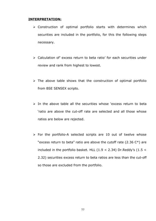 INTERPRETATION:
 Construction of optimal portfolio starts with determines which
securities are included in the portfolio, for this the following steps
necessary.
 Calculation of’ excess return to beta ratio’ for each securities under
review and rank from highest to lowest.
 The above table shows that the construction of optimal portfolio
from BSE SENSEX scripts.
 In the above table all the securities whose ‘excess return to beta
‘ratio are above the cut-off rate are selected and all those whose
ratios are below are rejected.
 For the portfolio-A selected scripts are 10 out of twelve whose
“excess return to beta” ratio are above the cutoff rate (2.36 C*) are
included in the portfolio basket. HLL (1.9 < 2.34) Dr.Reddy’s (1.5 <
2.32) securities excess return to beta ratios are less than the cut-off
so those are excluded from the portfolio.
77
 