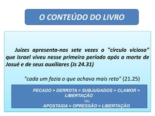 O CONTEÚDO DO LIVRO
Juizes apresenta-nos sete vezes o "círculo vicioso"
que Israel viveu nesse primeiro período após a morte de
Josué e de seus auxiliares (Js 24.31)
"cada um fazia o que achava mais reto" (21.25)
PECADO > DERROTA > SUBJUGADOS > CLAMOR >
LIBERTAÇÃO
ou
APOSTASIA > OPRESSÃO > LIBERTAÇÃO
 