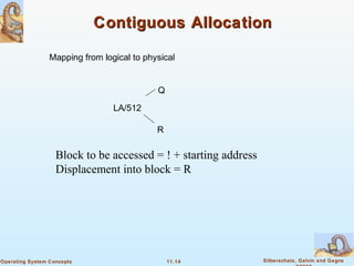 11.14 Silberschatz, Galvin and GagneOperating System Concepts
Contiguous AllocationContiguous Allocation
Mapping from logical to physical
LA/512
Q
R
Block to be accessed = ! + starting address
Displacement into block = R
 