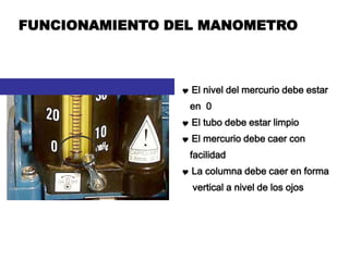 FUNCIONAMIENTO DEL MANOMETRO
 El nivel del mercurio debe estar
en 0
 El tubo debe estar limpio
 El mercurio debe caer con
facilidad
 La columna debe caer en forma
vertical a nivel de los ojos
REVISAR:
 