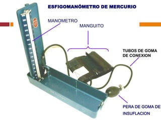 ESFIGOMANÓMETRO DE MERCURIO
MANGUITO
MANOMETRO
PERA DE GOMA DE
INSUFLACION
TUBOS DE GOMA
DE CONEXION
 