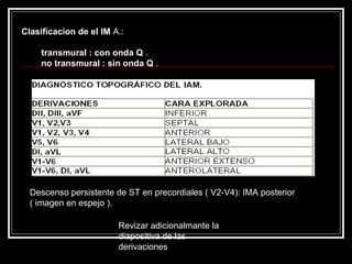 Clasificacion de el IM A.:
transmural : con onda Q .
no transmural : sin onda Q .
Descenso persistente de ST en precordiales ( V2-V4): IMA posterior
( imagen en espejo ).
Revizar adicionalmante la
diapositiva de las
derivaciones
 