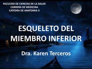 ESQUELETO DEL
MIEMBRO INFERIOR
Dra. Karen Terceros
FACULTAD DE CIENCIAS DE LA SALUD
CARRERA DE MEDICINA
CATEDRA DE ANATOMIA II
 