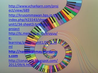 http://www.vcharkarn.com/proj
ect/view/689
http://krusommawan.bps.in.th/
index.php/it23143/sheet-
unit1/34-sheet3-type-of-it-
project
http://tc.mengrai.ac.th/kruyuy/
e-
learning/project/unit1/01_2.ht
ml
http://namkwanmay.wordpres
s.com
http://conandoii.blogspot.com/
2012/09/6.html
 