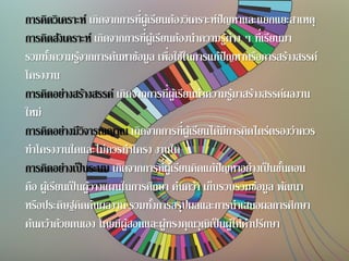 การคิดวิเคราะห์ เกิดจากการที่ผู้เรียนต้องวิเคราะห์ปัญหาและแยกแยะสาเหตุ
การคิดสังเคราะห์ เกิดจากการที่ผู้เรียนต้องนาความรู้ต่าง ๆ ที่เรียนมา
รวมทั้งความรู้จากการค้นหาข้อมูล เพื่อใช้ในการแก้ปัญหาหรือการสร้างสรรค์
โครงงาน
การคิดอย่างสร้างสรรค์ เกิดจากการที่ผู้เรียนนาความรู้มาสร้างสรรค์ผลงาน
ใหม่
การคิดอย่างมีวิจารณญาณ เกิดจากการที่ผู้เรียนได้มีการคิดไตร่ตรองว่าควร
ทาโครงงานใดและไม่ควรทาโครง งานใด
การคิดอย่างเป็นระบบ เกิดจากการที่ผู้เรียนคิดแก้ปัญหาอย่างเป็นขั้นตอน
คือ ผู้เรียนเป็นผู้วางแผนในการศึกษา ค้นคว้า เก็บรวบรวมข้อมูล พัฒนา
หรือประดิษฐ์คิดค้นผลงาน รวมทั้งการสรุปผลและการนาเสนอผลการศึกษา
ค้นคว้าด้วยตนเอง โดยมีผู้สอนและผู้ทรงคุณวุฒิเป็นผู้ให้คาปรึกษา
 