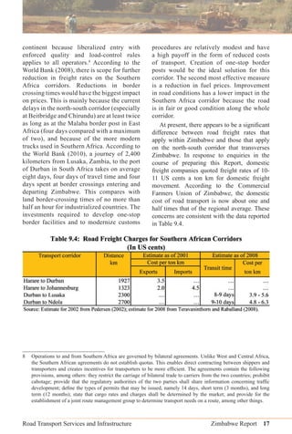 Road Transport Services and Infrastructure Zimbabwe Report 17
continent because liberalized entry with
enforced quality and load-control rules
applies to all operators.8
According to the
World Bank (2008), there is scope for further
reduction in freight rates on the Southern
Africa corridors. Reductions in border
crossing times would have the biggest impact
on prices. This is mainly because the current
delays in the north-south corridor (especially
at Beitbridge and Chirundu) are at least twice
as long as at the Malaba border post in East
Africa (four days compared with a maximum
of two), and because of the more modern
trucks used in Southern Africa. According to
the World Bank (2010), a journey of 2,400
kilometers from Lusaka, Zambia, to the port
of Durban in South Africa takes on average
eight days, four days of travel time and four
days spent at border crossings entering and
departing Zimbabwe. This compares with
land border-crossing times of no more than
half an hour for industrialized countries. The
investments required to develop one-stop
border facilities and to modernize customs
procedures are relatively modest and have
a high payoff in the form of reduced costs
of transport. Creation of one-stop border
posts would be the ideal solution for this
corridor. The second most effective measure
is a reduction in fuel prices. Improvement
in road conditions has a lower impact in the
Southern Africa corridor because the road
is in fair or good condition along the whole
corridor.
At present, there appears to be a signiﬁcant
difference between road freight rates that
apply within Zimbabwe and those that apply
on the north-south corridor that transverses
Zimbabwe. In response to enquiries in the
course of preparing this Report, domestic
freight companies quoted freight rates of 10-
11 US cents a ton km for domestic freight
movement. According to the Commercial
Farmers Union of Zimbabwe, the domestic
cost of road transport is now about one and
half times that of the regional average. These
concerns are consistent with the data reported
in Table 9.4.
8 Operations to and from Southern Africa are governed by bilateral agreements. Unlike West and Central Africa,
the Southern African agreements do not establish quotas. This enables direct contracting between shippers and
transporters and creates incentives for transporters to be more efﬁcient. The agreements contain the following
provisions, among others: they restrict the carriage of bilateral trade to carriers from the two countries; prohibit
cabotage; provide that the regulatory authorities of the two parties shall share information concerning trafﬁc
development; deﬁne the types of permits that may be issued, namely 14 days, short term (3 months), and long
term (12 months); state that cargo rates and charges shall be determined by the market; and provide for the
establishment of a joint route management group to determine transport needs on a route, among other things.
 