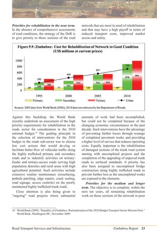Road Transport Services and Infrastructure Zimbabwe Report 23
Priorities for rehabilitation in the near term.
In the absence of comprehensive assessments
of road conditions, the strategy of the DoR is
to give priority to those sections of the road
network that are most in need of rehabilitation
and that may have a high payoff in terms of
reduced transport costs, improved market
access and safety.
Against this backdrop, the World Bank
recently undertook an assessment of the high
priority requirements for rehabilitation in the
roads sector for consideration in the 2010
national budget.10
The guiding principle in
the selection of interventions for the 2010
budget in the roads sub-sector was to choose
low cost actions that would de-clog or
facilitate better ﬂow of vehicular trafﬁc along
the highly trafﬁcked primary and secondary
roads and to indentify activities on tertiary-
feeder and tertiary-access roads serving high
population densities and rural areas with high
agricultural potential. Such activities include
extensive routine maintenance (resurfacing,
pothole patching, edge repairs, crack sealing,
road signage, access controls) on the poorly
maintained highly trafﬁcked trunk roads.
Close attention is also being given to
“ongoing” road projects where substantial
amounts of work had been accomplished,
but could not be completed because of the
changing economic circumstances in the past
decade. Such interventions have the advantage
of preventing further losses through wastage
of completed pavement works and providing
a higher level of service that reduces operating
costs. Equally important is the rehabilitation
of damaged sections of the trunk road system
starting with uncompleted projects and the
completion of the upgrading of unpaved trunk
roads to surfaced standards. A priority has
also been assigned to uncompleted bridge
construction along highly trafﬁcked roads to
prevent further loss as the uncompleted works
are exposed to the elements.
Priorities for the medium and longer
term. The objective is to complete, within the
next ten years, all remaining rehabilitation
work on those sections of the network in poor
10 World Bank (2009), “Republic of Zimbabwe: Rationalization of the 2010 Budget Transport Sector Mission Note.”
World Bank, Washington DC, November 2009.
 