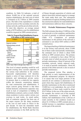 24 Zimbabwe Report Road Transport Services and Infrastructure
condition. As Table 9.6 indicates, a total of
almost 36,400 km of the national network
requires rehabilitation, the total cost of which
is estimated at $2.7 billion at 2009 constant
prices. The bulk of the expenditures is related
to paved section of the secondary network, the
tertiary network, and the paved urban network.
To meet this objective, an average annual
outlay of $270 million a year for rehabilitation
would be required (at 2009 constant prices).
This level of annual spending would be well
beyond existing force account capacities of
the various road authorities in the country.
Successful implementation will therefore
require a series of large contracts let to the
domestic and international private sector.
At present, there is a relatively low capacity
within the domestic construction industry
for road construction and rehabilitation. A
major concern going forward is that these
limited domestic construction capacities may
result in lack of competition in bidding for
rehabilitation contracts, and as a result, further
sharp escalation in prices and/or serious cost
overruns in road works. As noted earlier,
lack of contractor capacity has been one of
the major reasons for the sharp escalation
in the cost of road works in Africa in the
past decade. To meet the immediate needs
for rehabilitation, the World Bank therefore
proposed assistance to the DoR and the City
of Harare through acquisition of vehicles and
plant to boost their internal capacity to manage
the roads under their care. The subsequent
consideration of capacity building initiatives in
the construction industry for road rehabilitation
and maintenance addresses these concerns.
9.5.2 Periodic Maintenance Programs
The DoR estimates that about 33,000 km of the
road network is in fair condition, and therefore
in need of periodic or deferred maintenance
(Table 9.7). Completion of periodic
maintenance on this portion of the network is
estimated to cost about $565 million at 2009
constant prices.
The largest backlog of deferred maintenance
is in the tertiary road network; about 25,000
km of these roads need periodic maintenance,
the estimated cost of which is about $380
million at 2009 constant prices. The primary
network is estimated to have about 540 km
of roads, most of which are paved, in need of
periodic maintenance, About 45 percent of the
secondary network, mainly unpaved roads,
is in need of periodic maintenance. About 40
percent of the urban network is also in need of
periodic maintenance.
The proposed Action Plan attaches a
high priority to early implementation of the
periodic maintenance program. Its objective
is to ensure that even larger portions of the
network do not continue to deteriorate to the
point where they require full rehabilitation. If
periodic maintenance on the above-mentioned
33,000 km is not undertaken, the cost of full
rehabilitation of these roads would be about
$2.67 billion. In the case of the urban network,
for example, the current cost of the required
periodic maintenance is estimated at $98
million; full rehabilitation of the 3,266 km of
roads currently in fair condition would cost
about $1.14 billion at 2009 constant prices, a
tenfold increase in expenditure requirements
on this part of the network.
 