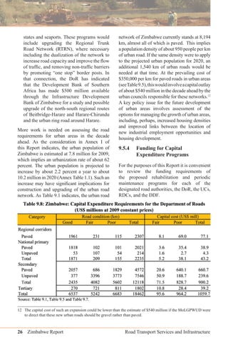 26 Zimbabwe Report Road Transport Services and Infrastructure
states and seaports. These programs would
include upgrading the Regional Trunk
Road Network (RTRN), where necessary
including the dualization of the network to
increase road capacity and improve the ﬂow
of trafﬁc, and removing non-trafﬁc barriers
by promoting “one stop” border posts. In
that connection, the DoR has indicated
that the Development Bank of Southern
Africa has made $500 million available
through the Infrastructure Development
Bank of Zimbabwe for a study and possible
upgrade of the north-south regional routes
of Beitbridge-Harare and Harare-Chirundu
and the urban ring road around Harare.
More work is needed on assessing the road
requirements for urban areas in the decade
ahead. As the consideration in Annex I of
this Report indicates, the urban population of
Zimbabwe is estimated at 7.8 million for 2009,
which implies an urbanization rate of about 62
percent. The urban population is projected to
increase by about 2.2 percent a year to about
10.2 million in 2020 (Annex Table 1.1). Such an
increase may have signiﬁcant implications for
construction and upgrading of the urban road
network. As Table 9.1 indicates, the urban road
network of Zimbabwe currently stands at 8,194
km, almost all of which is paved. This implies
a population density of about 950 people per km
of urban road. If the same density were to apply
to the projected urban population for 2020, an
additional 1,540 km of urban roads would be
needed at that time. At the prevailing cost of
$350,000 per km for paved roads in urban areas
(seeTable9.5),thiswouldinvolveacapitaloutlay
of about $540 million in the decade ahead by the
urban councils responsible for these networks.12
A key policy issue for the future development
of urban areas involves assessment of the
options for managing the growth of urban areas,
including, perhaps, increased housing densities
and improved links between the location of
new industrial employment opportunities and
housing development.
9.5.4 Funding for Capital
Expenditure Programs
For the purposes of this Report it is convenient
to review the funding requirements of
the proposed rehabilitation and periodic
maintenance programs for each of the
designated road authorities, the DoR, the UCs,
RDCs, and the DDF.
12 The capital cost of such an expansion could be lower than the estimate of $540 million if the MoLGPWUD were
to direct that these new urban roads should be gravel rather than paved.
 