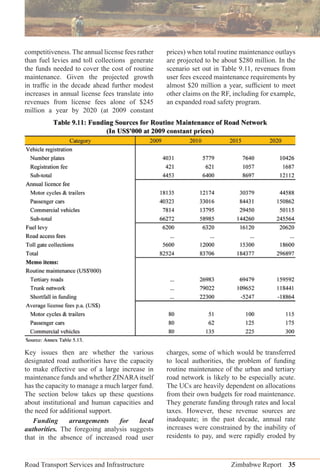 Road Transport Services and Infrastructure Zimbabwe Report 35
competitiveness. The annual license fees rather
than fuel levies and toll collections generate
the funds needed to cover the cost of routine
maintenance. Given the projected growth
in trafﬁc in the decade ahead further modest
increases in annual license fees translate into
revenues from license fees alone of $245
million a year by 2020 (at 2009 constant
prices) when total routine maintenance outlays
are projected to be about $280 million. In the
scenario set out in Table 9.11, revenues from
user fees exceed maintenance requirements by
almost $20 million a year, sufﬁcient to meet
other claims on the RF, including for example,
an expanded road safety program.
Key issues then are whether the various
designated road authorities have the capacity
to make effective use of a large increase in
maintenance funds and whether ZINARAitself
has the capacity to manage a much larger fund.
The section below takes up these questions
about institutional and human capacities and
the need for additional support.
Funding arrangements for local
authorities. The foregoing analysis suggests
that in the absence of increased road user
charges, some of which would be transferred
to local authorities, the problem of funding
routine maintenance of the urban and tertiary
road network is likely to be especially acute.
The UCs are heavily dependent on allocations
from their own budgets for road maintenance.
They generate funding through rates and local
taxes. However, these revenue sources are
inadequate; in the past decade, annual rate
increases were constrained by the inability of
residents to pay, and were rapidly eroded by
 