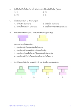 “ETV ติวเขม” วิชาชีววิทยา : ระบบนิเวศ (ตอนที่ 1) 3
8. สิ่งมีชีวิตในขอใดที่ใหอินทรียสารที่จําเปนแกการดํารงชีวิตแกสิ่งมีชีวิตอื่น ๆ ในระบบ
1. IX 2. VII
3. VIII 4. X
9. สิ่งมีชีวิตในหมายเลข VI จัดอยูในกลุมใด
1. สัตวกินสัตว (Carnivore) 2. สัตวกินพืช (Herbivore)
3. สัตวกินทั้งพืชและสัตว (Omnivore) 4. สัตวที่กินซากพืชซากสัตว (Detritivore)
10. พีระมิดของมวลชีวภาพ (g/m-2
) พีระมิดของพลังงาน (kg/m-2
/day)
แผนภาพขางบนนี้แสดงใหเห็นวา
1. แพลงคตอนสัตวกิน แพลงคตอนพืชเปนอาหาร
2. แพลงคตอนสัตวขยายพันธุไดเร็วกวาแพลงคตอนพืช
3. แพลงคตอนพืชรุนหนึ่งเปนอาหารใหแพลงคตอนสัตวหลาย ๆ รุน
4. แพลงคตอนสัตวรุนหนึ่งกินแพลงคตอนพืชหลายๆ รุนเปนอาหาร
11. พีระมิดใดแสดงถึงหวงโซอาหารตอไปนี้ : พืช → ตัวเพลี้ย → แมลงเตาทอง
1. 2. 3. 4.
 