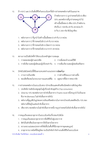 “ETV ติวเขม” วิชาชีววิทยา : ระบบนิเวศ (ตอนที่ 1) 4
12. ถา A B C และ D เปนสิ่งมีชีวิตในระบบนิเวศ ซึ่งมีการถายทอดพลังงานดังในแผนภาพ
1. พลังงานจาก C ที่ถูกนําไปสรางเนื้อเยื่อของ D เทากับ 5.4 หนวย
2. พลังงานจาก C ที่ถายทอดไปยัง D เทากับ 8.4 หนวย
3. พลังงานจาก C ที่ถายทอดไปยัง A นอยกวา 8.4 หนวย
4. พลังงานจาก D ที่ถายทอดไปยัง A มากกวา 28 หนวย
13. สถานการณในขอใดที่ทําใหระบบนิเวศเขาสูสภาวะสมดุล
1. การลดลงของผูลาและปรสิต 2. การเพิ่มของจํานวนสปชีส
3. การมีปริมาณของผูผลิตและผูบริโภคเทากัน 4. การเพิ่มปริมาณของผูยอยอินทรียสาร
14. ปจจัยในขอใดตอไปนี้ที่มีผลกระทบตอจํานวนประชากรนอยที่สุด
1. ภาวะการเปนปรสิต 2. การดํารงชีวิตแบบการลาเหยื่อ
3. ของเสียที่สะสมในกระบวนการเมแทบอลิซึม 4. ฤดูหนาวที่มีอากาศหนาวจัด
15. การถายทอดพลังงานในระบบนิเวศบก มักจะเขียนแสดงดวยพีระมิดพลังงานขอใดถูกตอง
1. ประสิทธิภาพเชิงนิเวศสูงสุดในผูบริโภคลําดับสุดทาย (Top consumers)
2. ประมาณ 10% ของพลังงานจากลําดับชั้นอาหาร (Trophic level) หนึ่งจะถูกนําไปเปนมวล
ชีวภาพ (Biomass) ในลําดับชั้นอาหารถัดไป
3. พลังงานที่สูญเสียในรูปของความรอนหรือพลังงานในการหายใจระดับเซลลคิดเปน 10% ของ
พลังงานที่มีอยูในแตละลําดับชั้นอาหาร
4. เพียง 90% ของพลังงานในลําดับชั้นอาหารหนึ่ง จะถูกถายทอดไปยังลําดับชั้นอาหารถัดไป
16. การหมุนเวียนของธาตุอาหารในระบบนิเวศไมเกี่ยวของกับขอใด
1. การหมุนเวียนของธาตุอาหารจากสิ่งมีชีวิตไปสูบรรยากาศ
2. สัตวเปนตัวเชื่อมโยงธาตุอาหารใหเปนสายใยอาหาร
3. ความหนาแนนของประชากรที่เพิ่มขึ้นในพื้นที่ที่มีธาตุอาหารอุดมสมบูรณ
4. ธาตุอาหารบางชนิดที่มีอยูนอย จะเปนปจจัยจํากัดจํานวนสิ่งมีชีวิตในระบบนิเวศ
A B C
D
ถาพลังงานจาก C ถูกถายทอดไปยัง D เพียง
50% และพลังงานที่ถูกถายทอดถูกนําไป
สรางเนื้อเยื่อของ D เพียง 30% ถาพลังงาน
ศักยใน C 100กรัม เทากับ 28 หนวย ถา
D กิน C 200 กรัม ขอใดถูกตอง
 