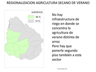 REGIONALIZACION AGRICULTURA SECANO DE VERANO
SUPERFICIE

No hay
infraestructura de
riego en donde se
concentra la
agricultura de
verano distinta de
arroz
Pero hay que
ponerle segundo
piso también a este
sector
FUENTE IMAGEN: DIEA

 