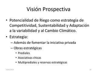 Visión Prospectiva
• Potencialidad de Riego como estrategia de
Competitividad, Sustentabilidad y Adaptación
a la variabilidad y al Cambio Climático.
• Estrategia:
– Además de fomentar la iniciativa privada
– Obras estratégicas
• Prediales
• Asociativas chicas
• Multiprediales y reservas estratégicas
13/01/2014

20

 