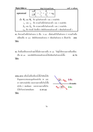Physics Online III http://www.pec9.com บทที่ 11 คลื่นกล
! ("!
กฏของสเนลล
2sin
1
sin
θ
θ
=
2
v
1
v
=
2
1
λ
λ
= n21
เมื่อ θ1 และ θ2 คือ มุมในตัวกลางที่ 1 และ 2 ตามลําดับ
v1 และ v2 คือ ความเร็วคลื่นในตัวกลางที่ 1 และ 2 ตามลําดับ
λ1 และ λ2 คือ ความยาวคลื่นในตัวกลางที่ 1 และ 2 ตามลําดับ
n21 คือ คาคงที่ เรียกชื่อวา ดัชนีหักเหของตัวกลางที่ 2 เทียบกับตัวกลางที่ 1
41. ถาความเร็วคลื่นในตัวกลาง X เปน 8 m/s เมื่อผานเขาไปในตัวกลาง Y ความเร็วคลื่น
เปลี่ยนเปน 10 m/s ดัชนีหักเหของตัวกลาง Y เทียบกับตัวกลาง X เปนเทาใด (0.8)
วิธีทํา
42. ถาคลื่นเคลื่อนจากบริเวณน้ําตื้นมีความยาวคลื่น 45 cm ไปสูน้ําลึกความยาวคลื่นเปลี่ยน
เปน 60 cm จงหาดัชนีหักเหของตัวกลางน้ําลึกเทียบกับตัวกลางน้ําตื้น (0. 75)
วิธีทํา
43(En 42/1) คลื่นน้ําเคลื่อนที่จากน้ําตื้นไปยังน้ําลึก
ถามุมตกกระทบและมุมหักเหเทากับ 30 และ
45 องศา ตามลําดับ และความยาวคลื่นในน้ําตื้น
เทากับ 2 เซนติเมตร จงหาความยาวคลื่นใน
น้ําลึกในหนวยเซนติเมตร (2. 83 cm)
วิธีทํา
 