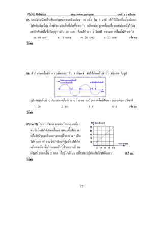 Physics Online III http://www.pec9.com บทที่ 11 คลื่นกล
! "(!
15. แหลงกําเนิดคลื่นสั่นอยางสม่ําเสมอดวยอัตรา 30 ครั้ง ใน 1 นาที ทําใหเกิดคลื่นน้ําแผออก
ไปอยางตอเนื่อง เมื่อพิจารณาคลื่นที่เกิดขึ้นพบวา คลื่นแตละลูกเคลื่อนที่จากเสาตนหนึ่งไปยัง
เสาอีกตนหนึ่งซึ่งปกอยูหางกัน 20 เมตร ตองใชเวลา 2 วินาที ความยาวคลื่นน้ํามีคาเทาใด
ก. 10 เมตร ข. 15 เมตร ค. 20 เมตร ง. 25 เมตร (ขอ ค)
วิธีทํา
16. ตัวกําเนิดคลื่นมีคาความถี่ของการสั่น 8 เฮิรตซ ทําใหเกิดคลื่นผิวน้ํา ดังแสดงในรูป
รูปแสดงคลื่นผิวน้ําในกลองคลื่นที่เวลาหนึ่งหาความเร็วของคลื่นนี้ในหนวยเซนติเมตร/วินาที
1. 20 2. 16 3. 8 4. 4 (ขอ 2)
วิธีทํา
17(En 32) ในการสังเกตของนักเรียนกลุมหนึ่ง
พบวาเมื่อทําใหเกิดคลื่นดลวงกลมขึ้นในถาด
คลื่นรัศมีของคลื่นดลวงกลมที่เวลาตาง ๆ เปน
ไปตามกราฟ ถามวานักเรียนกลุมนี้ทําใหเกิด
คลื่นตอเนื่องขึ้นในถาดคลื่นนี้ดวยความถี่ 10
เฮิรตซ ยอดคลื่น 2 ยอด ที่อยูใกลกันมากที่สุดจะอยูหางกันกี่เซนติเมตร ! ! ! (0.5 cm)
วิธีทํา
!
 