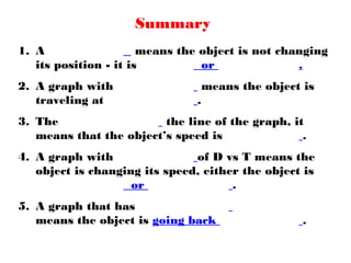 Summary
1. A means the object is not changing
its position - it is or .
2. A graph with means the object is
traveling at .
3. The the line of the graph, it
means that the object’s speed is .
4. A graph with of D vs T means the
object is changing its speed, either the object is
or .
5. A graph that has
means the object is going back .
 