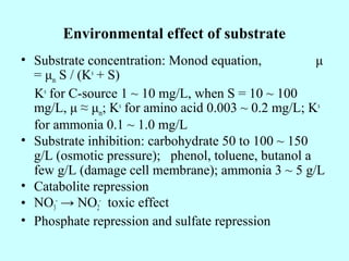 Environmental effect of substrate
• Substrate concentration: Monod equation, μ
= μm S / (Ks
+ S)
Ks
for C-source 1 ~ 10 mg/L, when S = 10 ~ 100
mg/L, μ ≈ μm; Ks
for amino acid 0.003 ~ 0.2 mg/L; Ks
for ammonia 0.1 ~ 1.0 mg/L
• Substrate inhibition: carbohydrate 50 to 100 ~ 150
g/L (osmotic pressure); phenol, toluene, butanol a
few g/L (damage cell membrane); ammonia 3 ~ 5 g/L
• Catabolite repression
• NO3
-
→ NO2
-
toxic effect
• Phosphate repression and sulfate repression
 