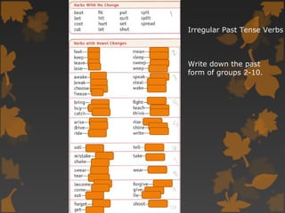 Irregular Past Tense Verbs
Write down the past
form of groups 2-10.
 