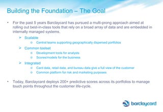 Building the Foundation – The Goal
• For the past 5 years Barclaycard has pursued a multi-prong approach aimed at
rolling out best-in-class tools that rely on a broad array of data and are embedded in
internally managed systems.
 Scalable
o Central teams supporting geographically dispersed portfolios
 Common toolset
o Development tools for analysts
o Scores/models for the business
 Integrated
o Card data, retail data, and bureau data give a full view of the customer
o Common platform for risk and marketing purposes
• Today, Barclaycard deploys 200+ predictive scores across its portfolios to manage
touch points throughout the customer life-cycle.
 