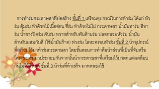 กำรทำร่มกระดำษสำที่บ่อสร้ำง ขั้นที่ 1 เตรียมอุปกรณ์ในกำรทำร่ม ได้แก่ หัว
ร่ม ตุ้มร่ม ทำด้วยไม้เนื้ออ่อน ซี่ร่ม ทำด้วยไม่ไผ่ กระดำษสำ น้ำมันทำร่ม สีทำ
ร่ม น้ำยำงปิดร่ม คันร่ม หวำยสำหรับพันด้ำมร่ม ปลอกสวมหัวร่ม น้ำมัน
สำหรับผสมกับสี (ใช้น้ำมันก๊ำด) ห่วงร่ม โลหะครอบหัวร่ม ขั้นที่ 2 นำอุปกรณ์
ที่เตรียมไว้มำทำร่มกระดำษสำ โดยขั้นตอนกำรทำคือนำส่วนที่เป็นที่จับหรือ
โครงของร่มมำประกอบกันจำกนั้นนำกระดำษสำที่เตรียมไว้มำตกแต่งเคลือบ
กันไม่ไห้สีหลุด ขั้นที่ 3 นำร่มที่ทำเสร็จ มำทดลองใช้
 